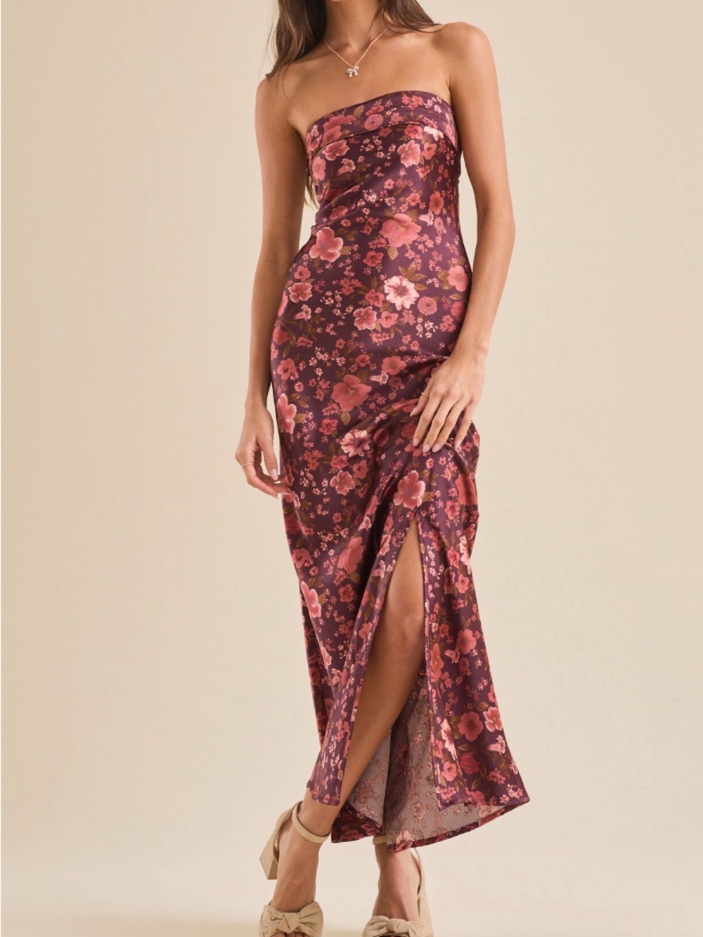 Altar’d State Strapless Floral Maxi Dress Burgundy with Rose Floral 
Size 8 slim
